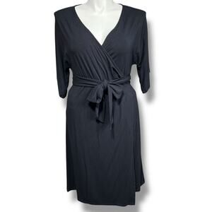 Yansi Fugel Womens Wrap Dress Midi Surplice V Neck Short Sleeve Stretch Black XL